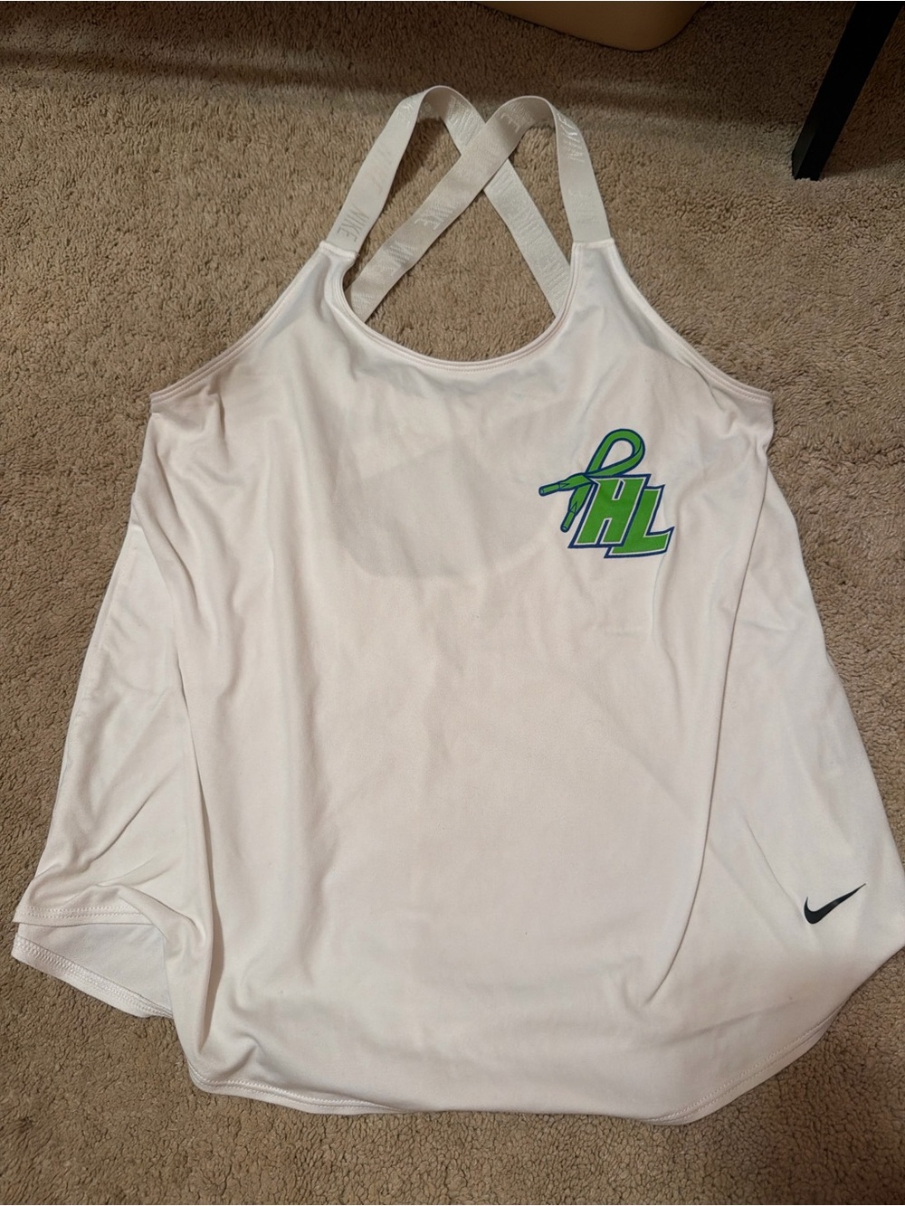 Nike white racerback tank top with green PHL lacrosse club logo, size M